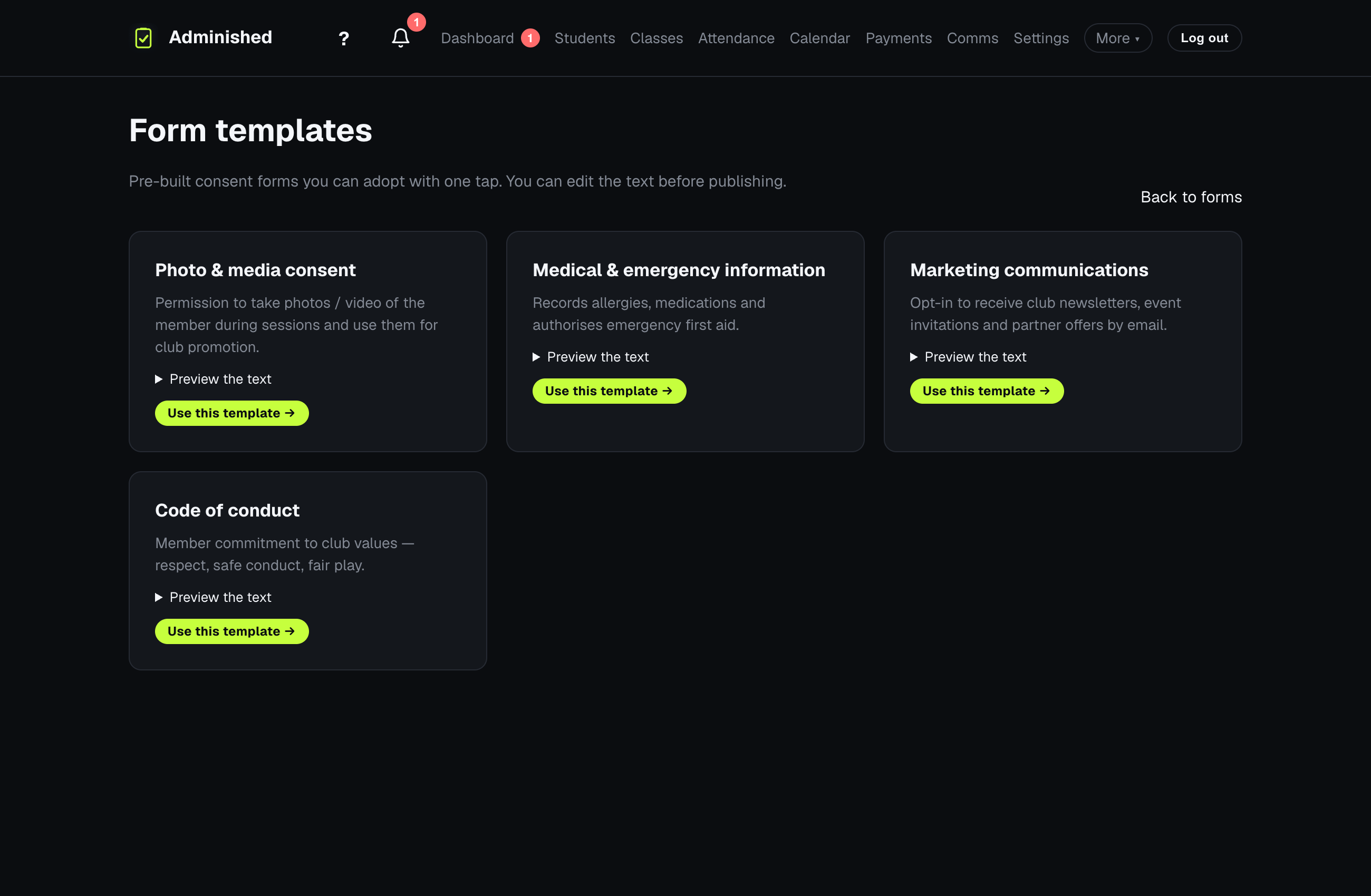 The Custom Forms page showing form templates and waiver documents