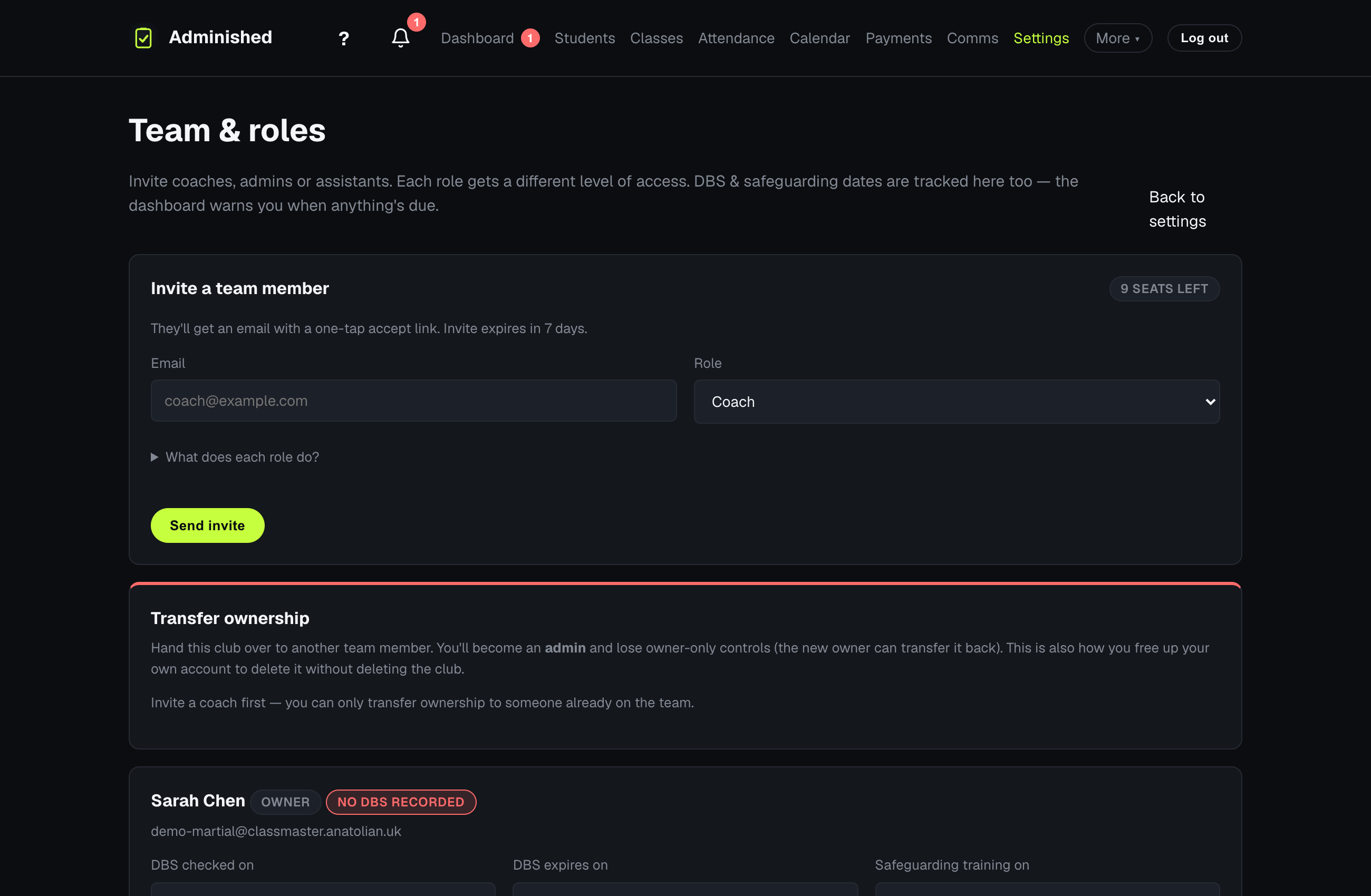 The DBS and Safeguarding page showing team members with check dates and renewal status