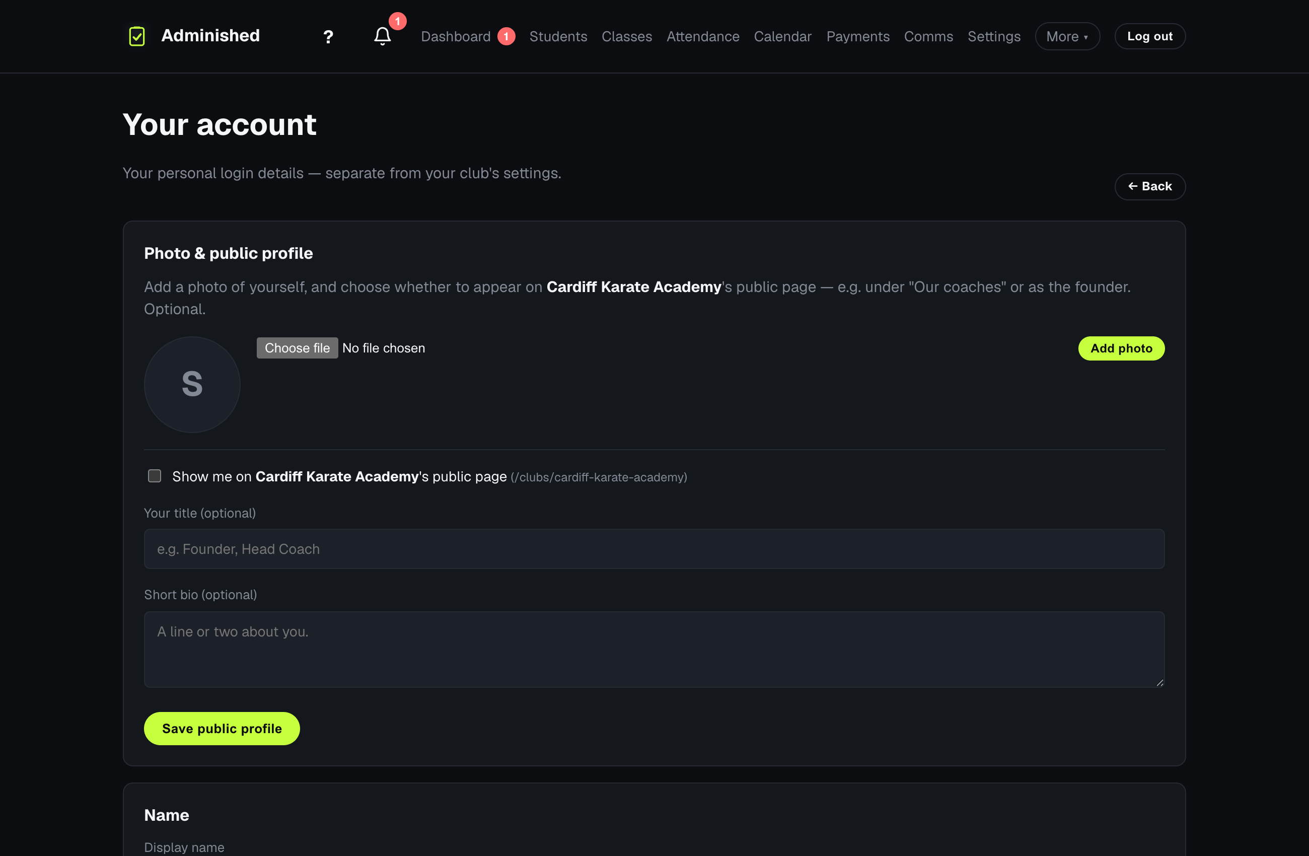 The account settings page showing options to leave a club or delete your Adminished account