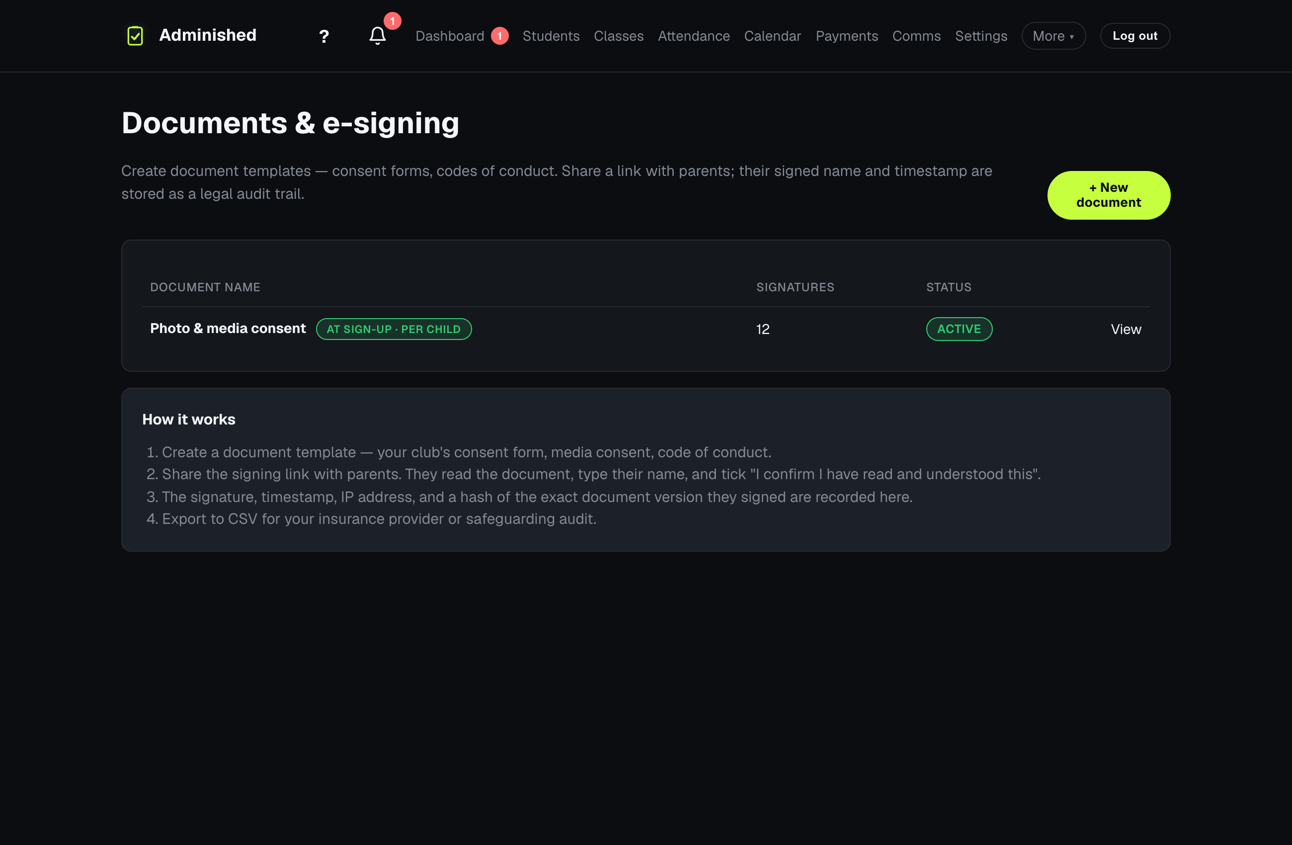 The E-signing page showing documents sent to parents for digital signature