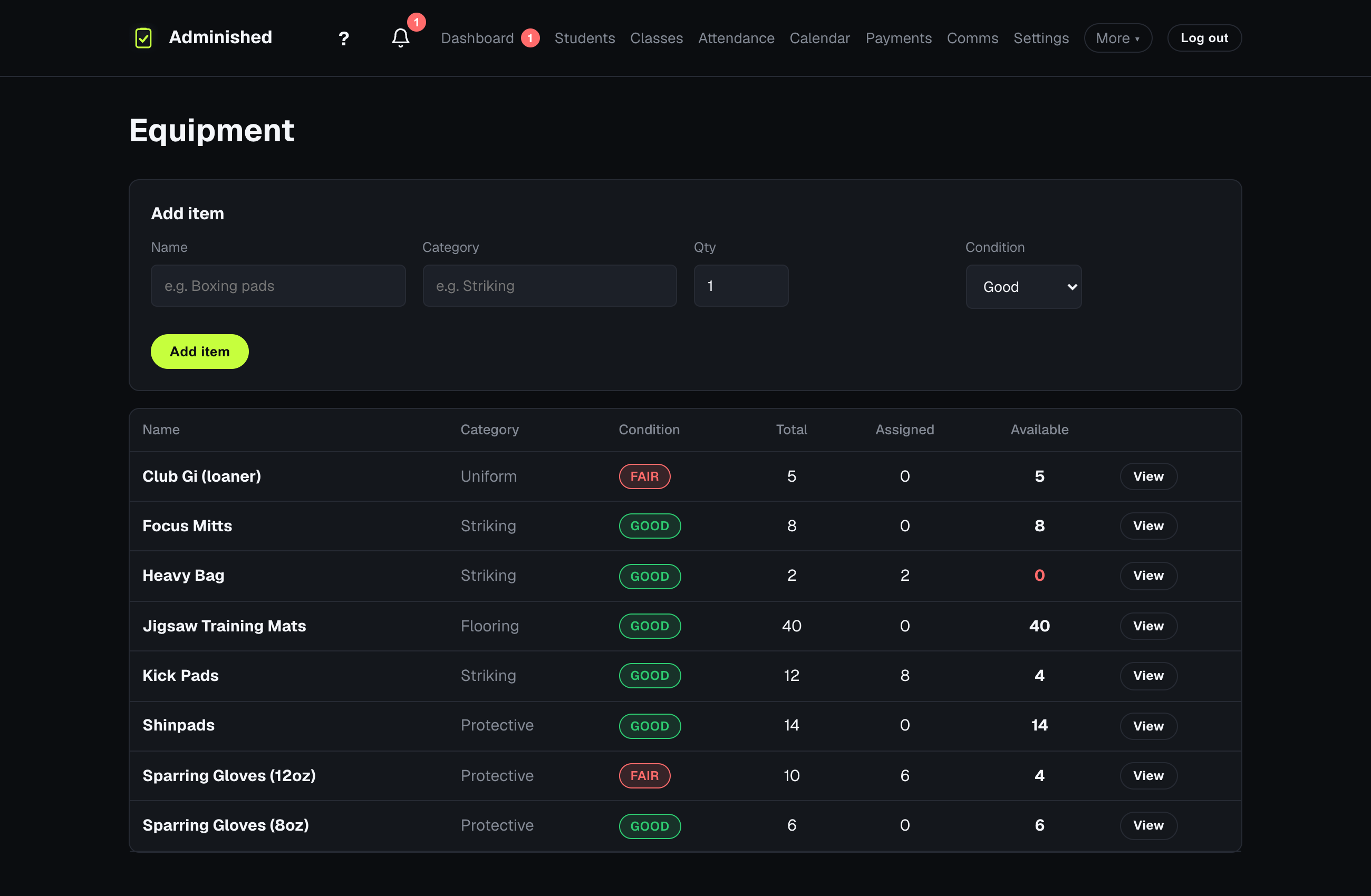The Equipment page listing items with their quantity and deployment status