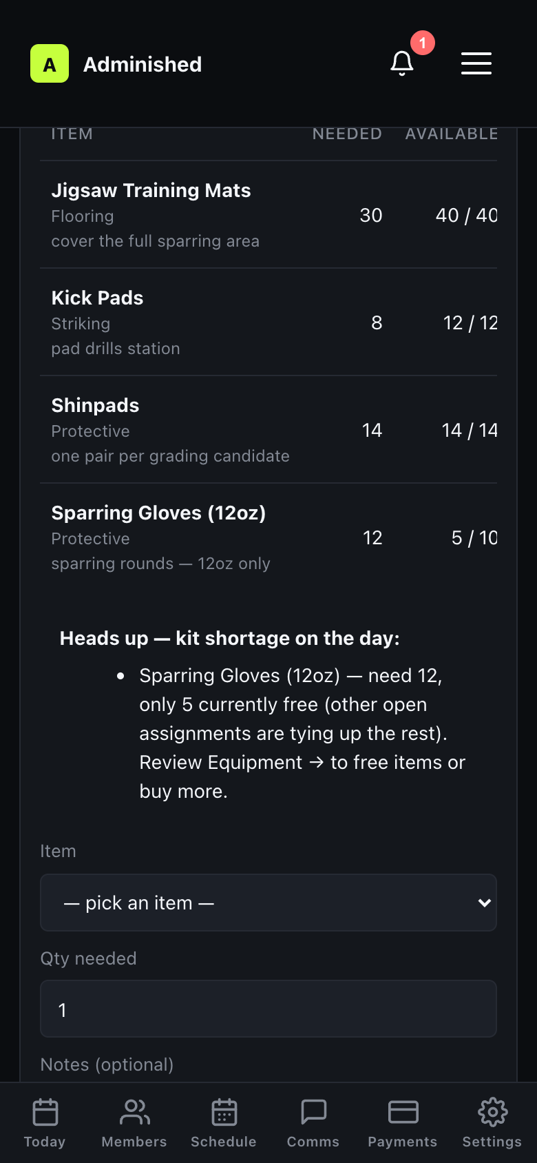 Event detail showing the Required equipment card with OK and shortage statuses
