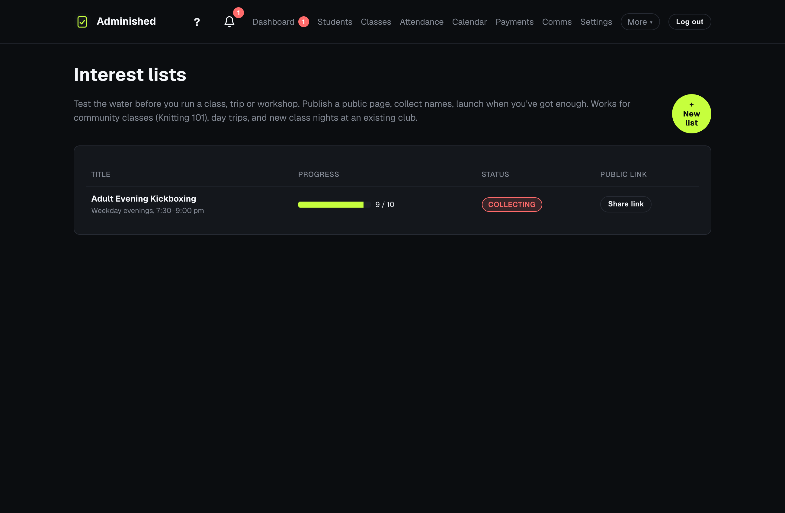 The Interest Lists page showing sign-up forms for gauging demand before a class opens