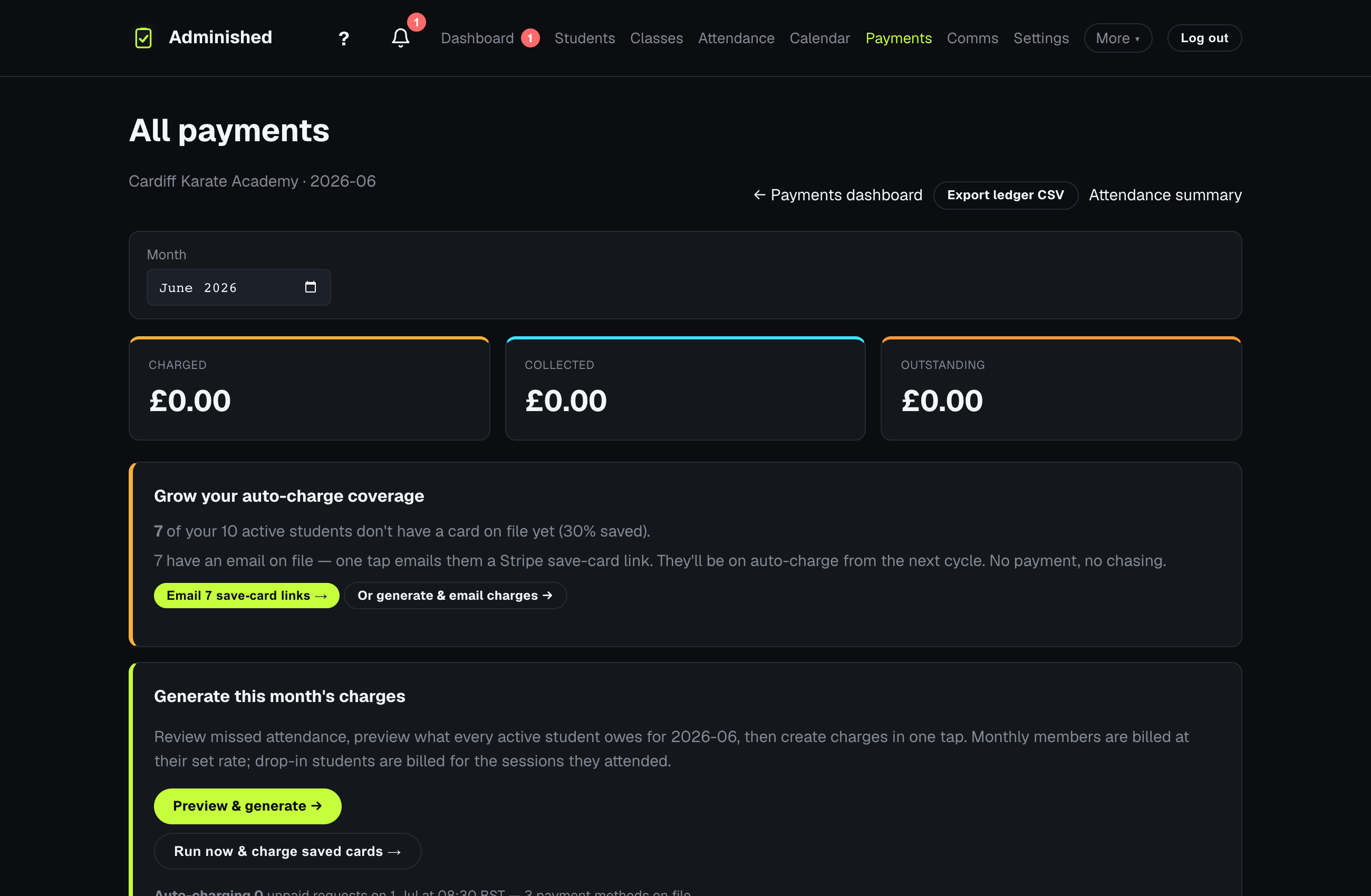The Payment Reminders page showing automated email schedules and outstanding fee collection