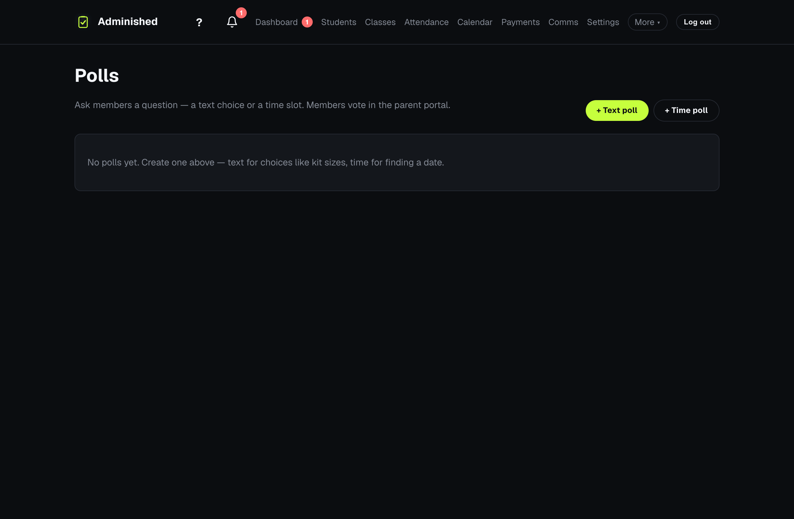 The Polls page showing a question sent to members with response counts