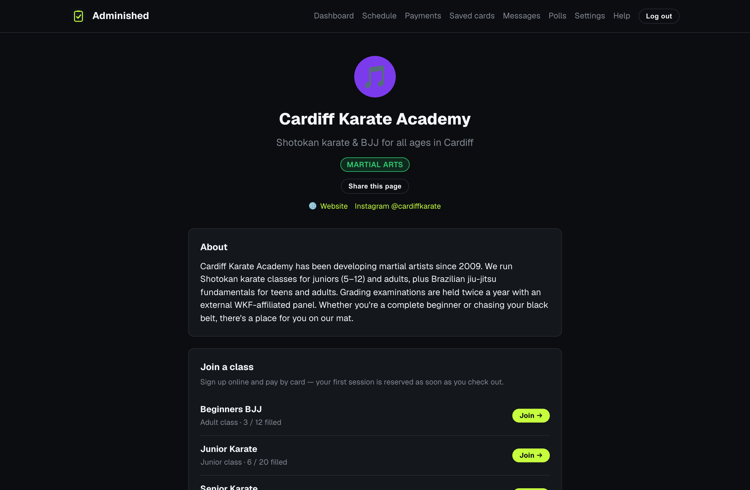 A public club profile page showing the schedule, upcoming events and a join button