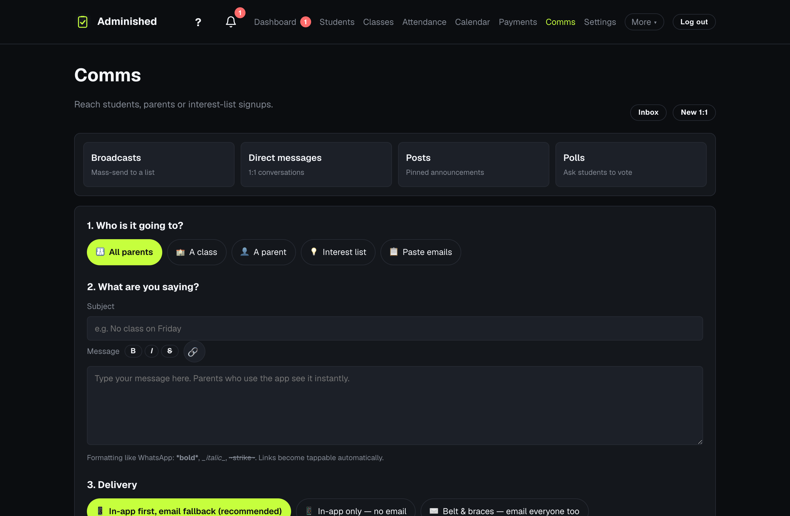 The Scheduled Broadcasts page showing queued messages with their planned send times