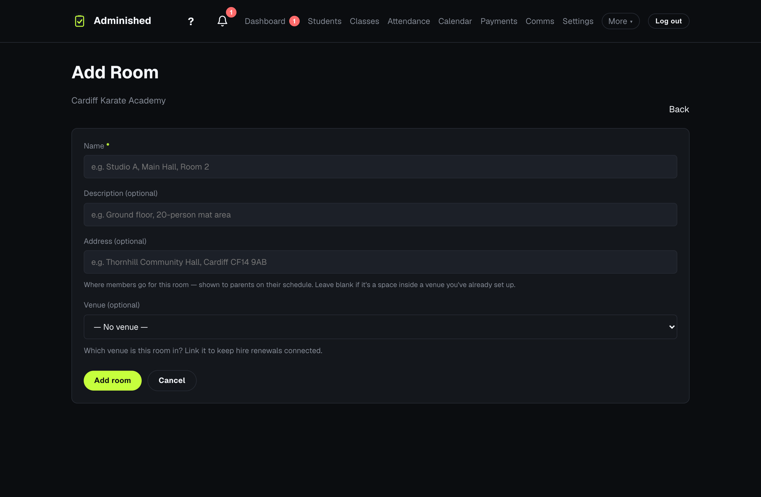 The Venue setup page showing venue details, address and linked classes