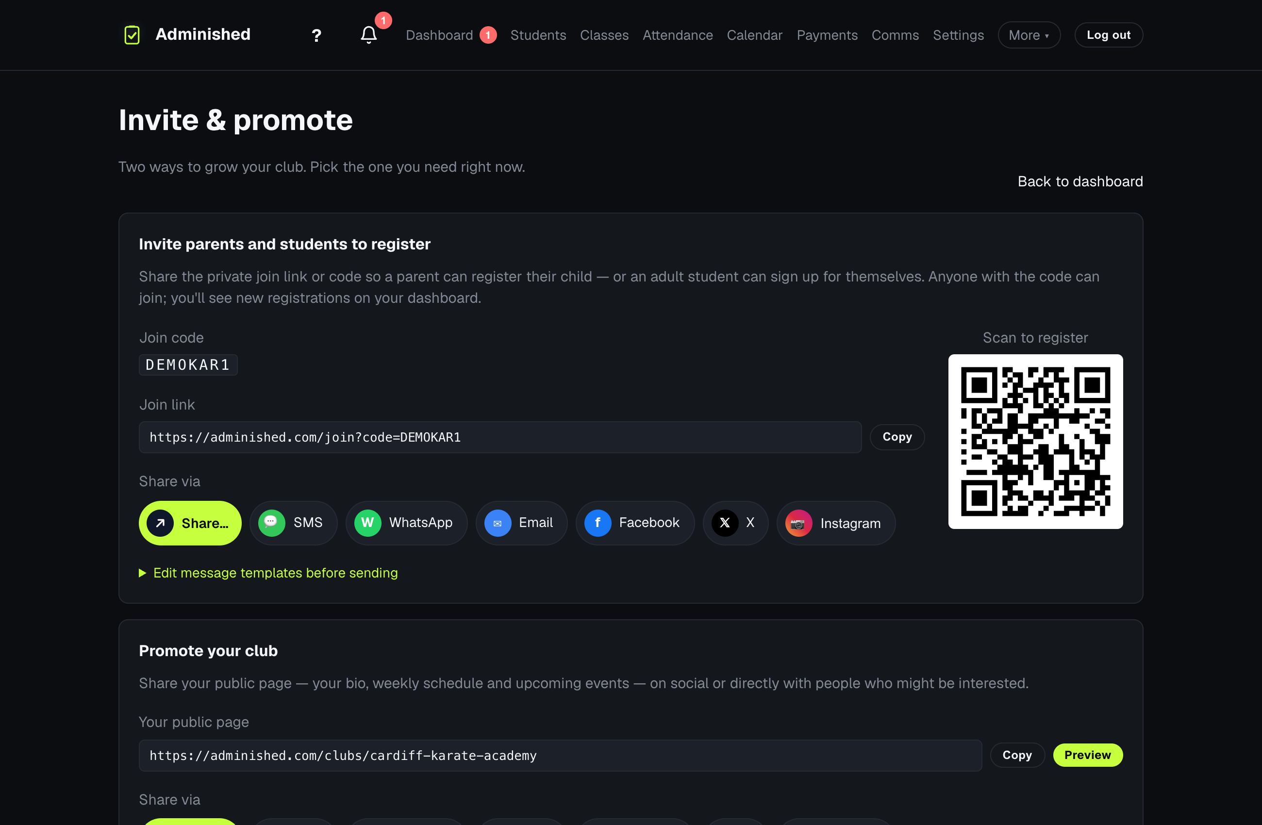 The Share and Promote page showing the club join link and public page sharing tools