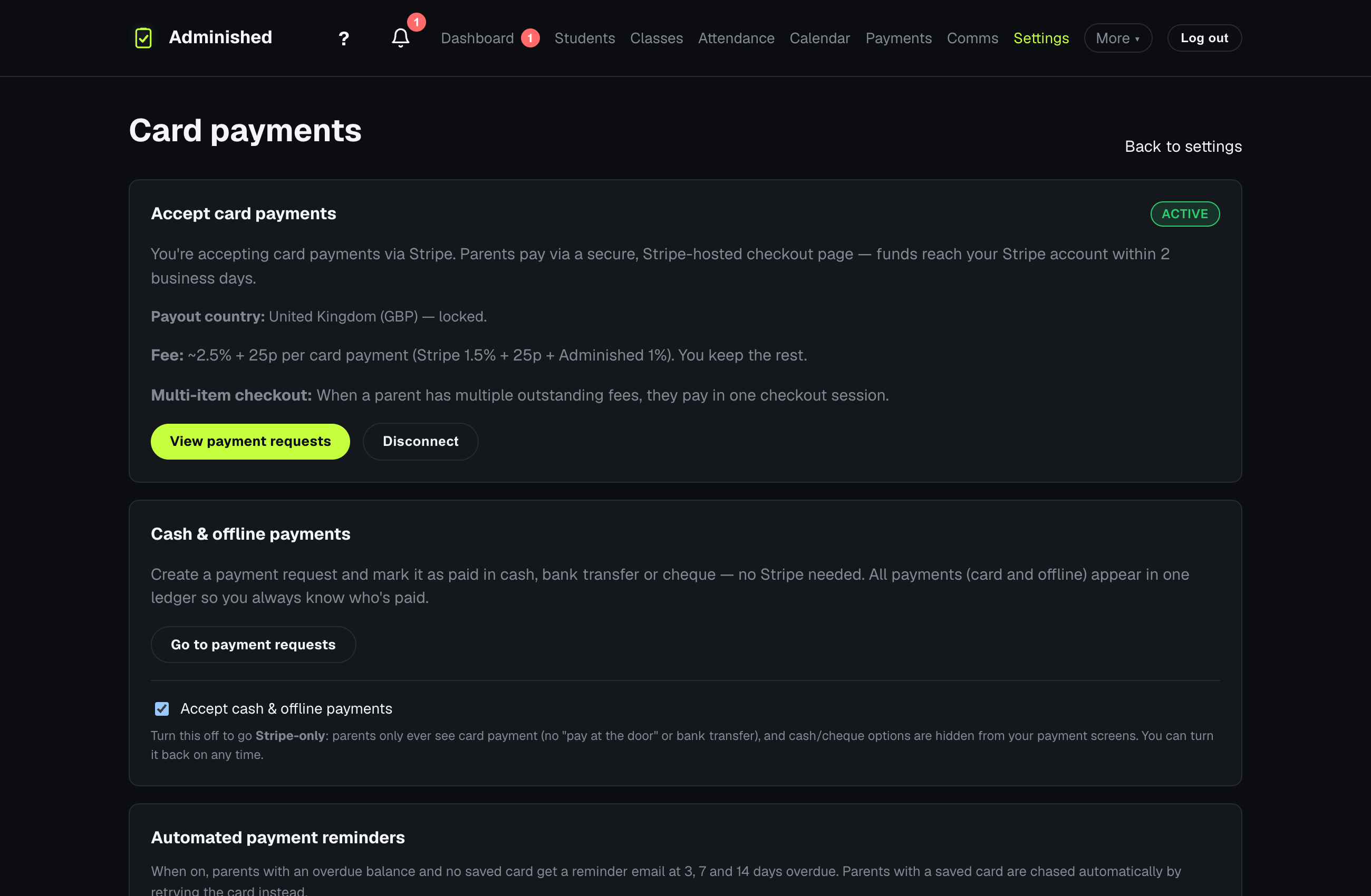 The Stripe onboarding page where Adminished sets up a new Stripe account for your club