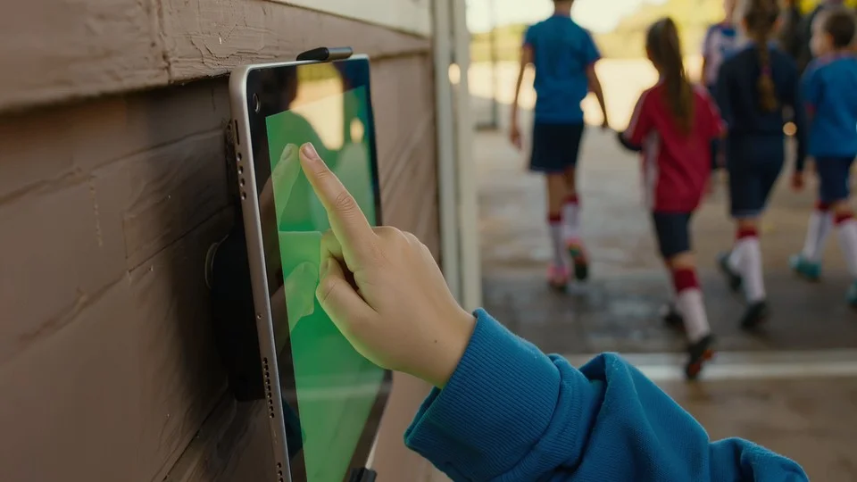 Child tapping check-in tablet at entrance