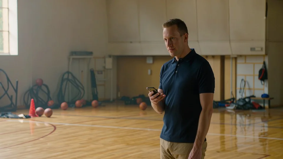 Coach checking schedule on phone in sports hall
